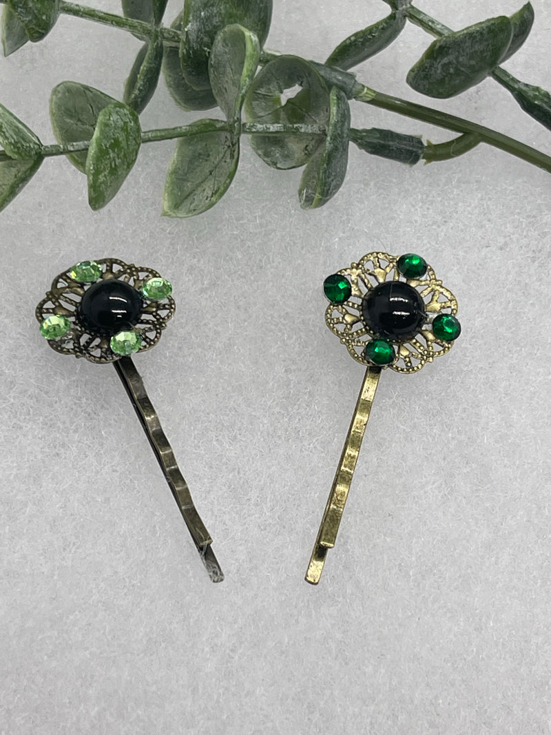 Green  crystal black faux pearl Antique vintage Style approximately 2.5” flower hair pin wedding engagem