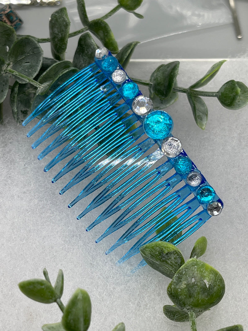 Teal faux crystal side comb 3.0” blue  plastic hair accessory bridal wedding Retro Bridal Party Prom Birthday gifts