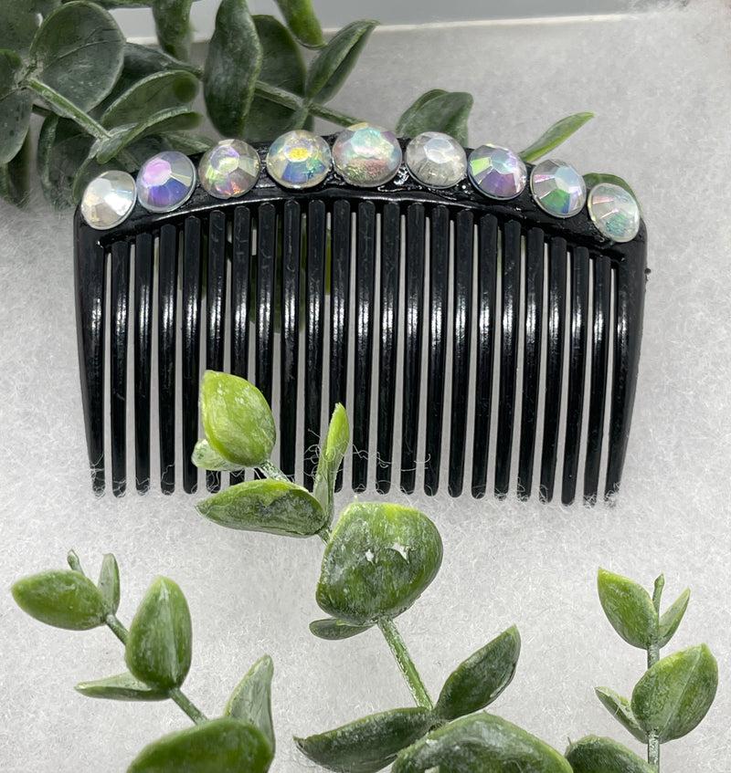 iridescent faux crystal rhinestone side comb 3.5” black plastic hair accessory bridal wedding Retro Bridal Party Prom Birthday gifts