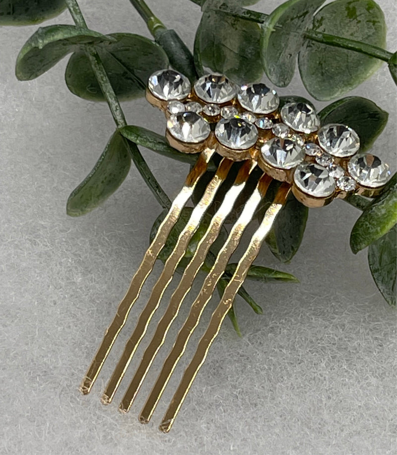 Gold crystal rhinestone flowers approximately 2.5” hair side comb wedding bridal shower engagement formal princess accessory accessories