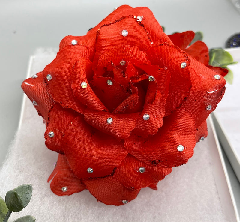 Red Rose flower crystal rhinestone embellished Claw Jaw clip approximately Large 5.0”W 4.0”L formal hair accessory wedding bridal engagement