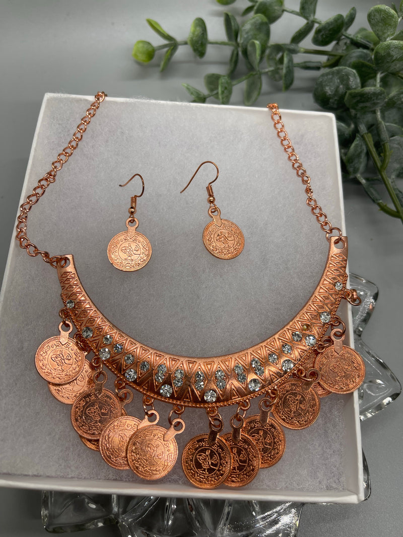 Rose gold coins necklace earrings set with rhinestone crystal adjustable chain gift sets accessory formal everyday accessories