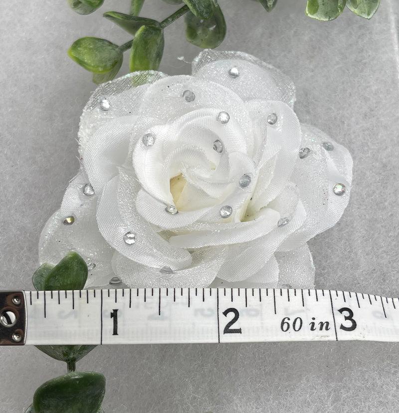 White Rose flower crystal rhinestone embellished alligator clip approximately 3.0” formal hair accessory wedding