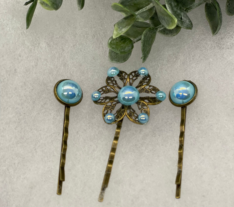 Baby Blue faux pearl 3 pc set Antique vintage Style approximately 3.0” flower hair pin wedding engagement bride princess formal hair accessories