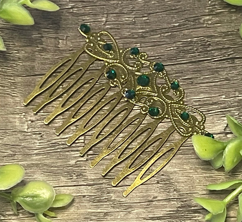 Emerald green Vintage Style Crystal Rhinestone 2.5” antique tone Metal side Comb bridal accessories