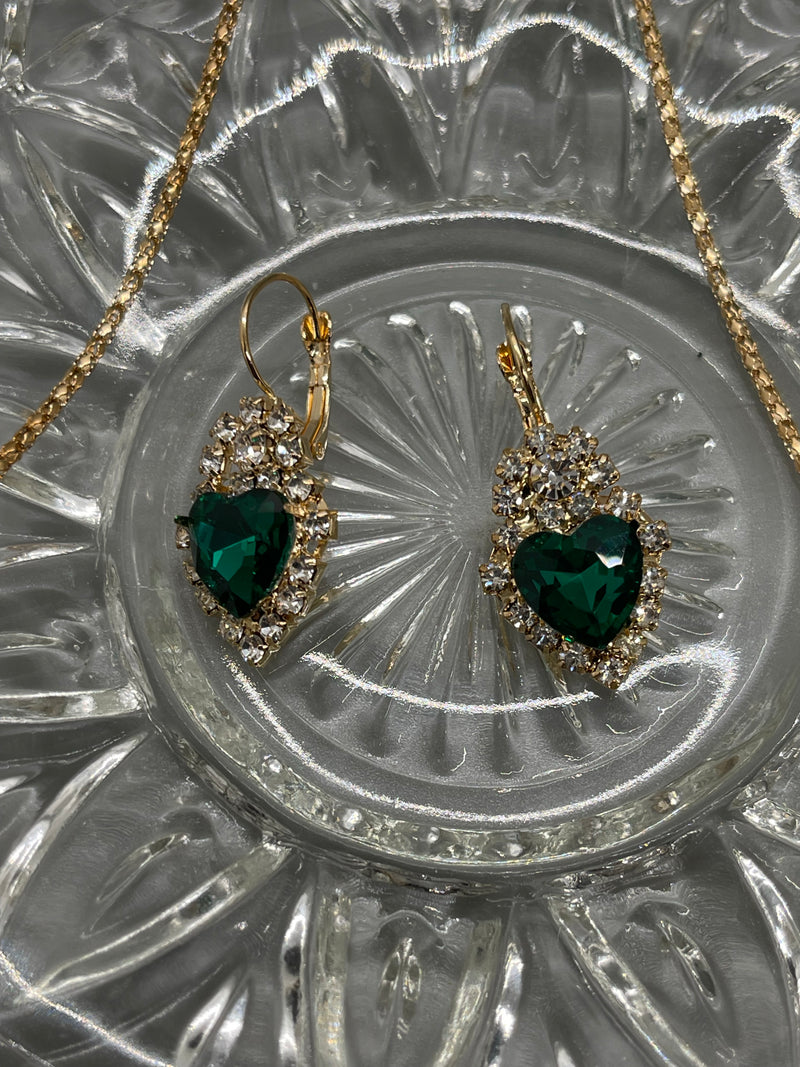 Emerald Crystal Jewelry Sets finger ring earring necklace Crystal Heart 3 pieces formal princess accessory accessories