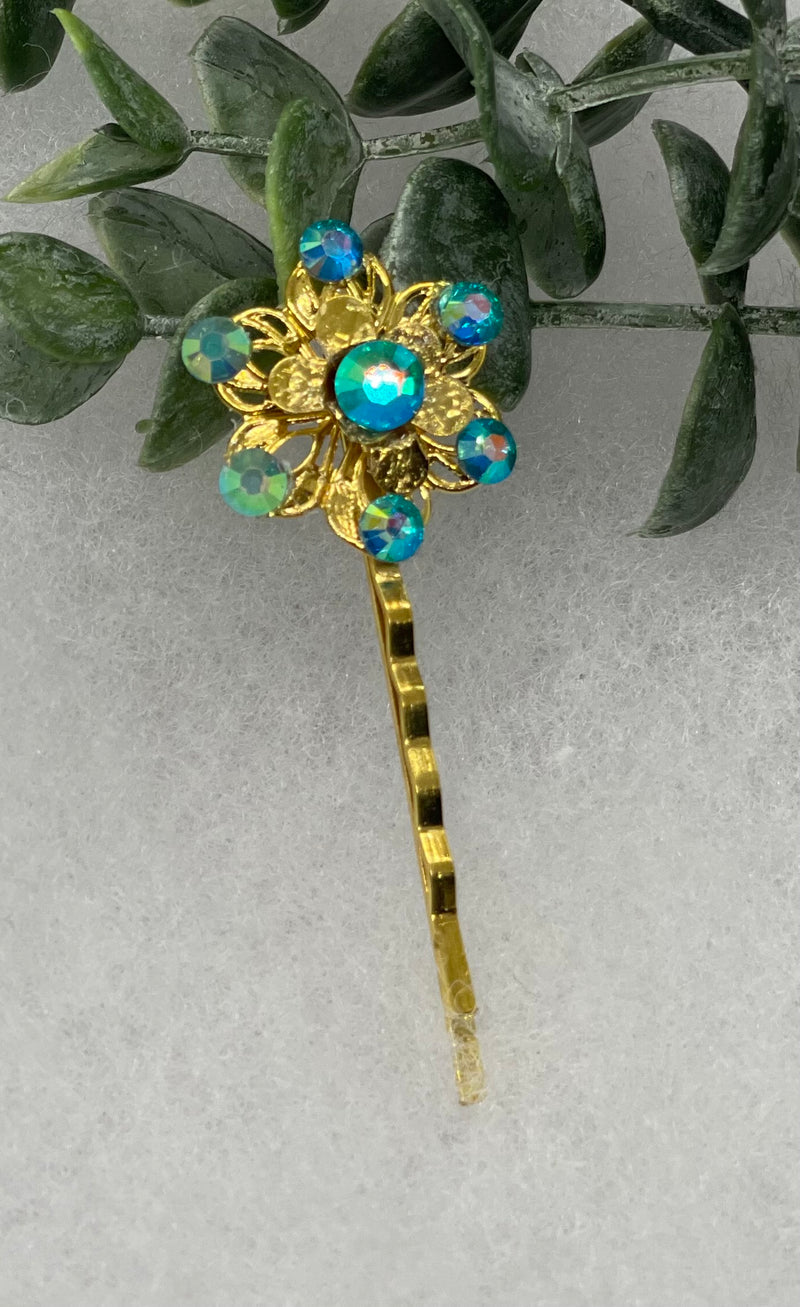 Iridescent Teal crystal Gold Antique vintage Style approximately 3.0” flower hair pin wedding