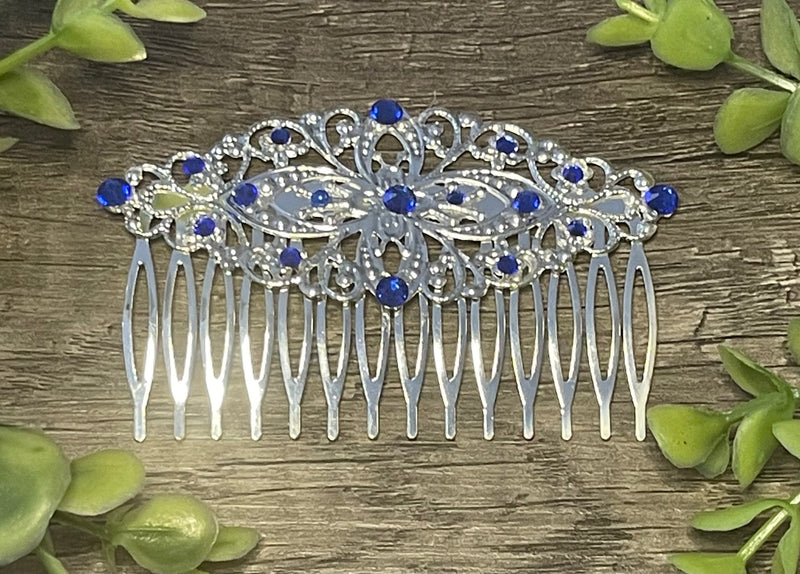 Sapphire blue crystal rhinestone Comb on 3.5” silver Metal Hair Comb accessory Handmade Retro Bridal Prom