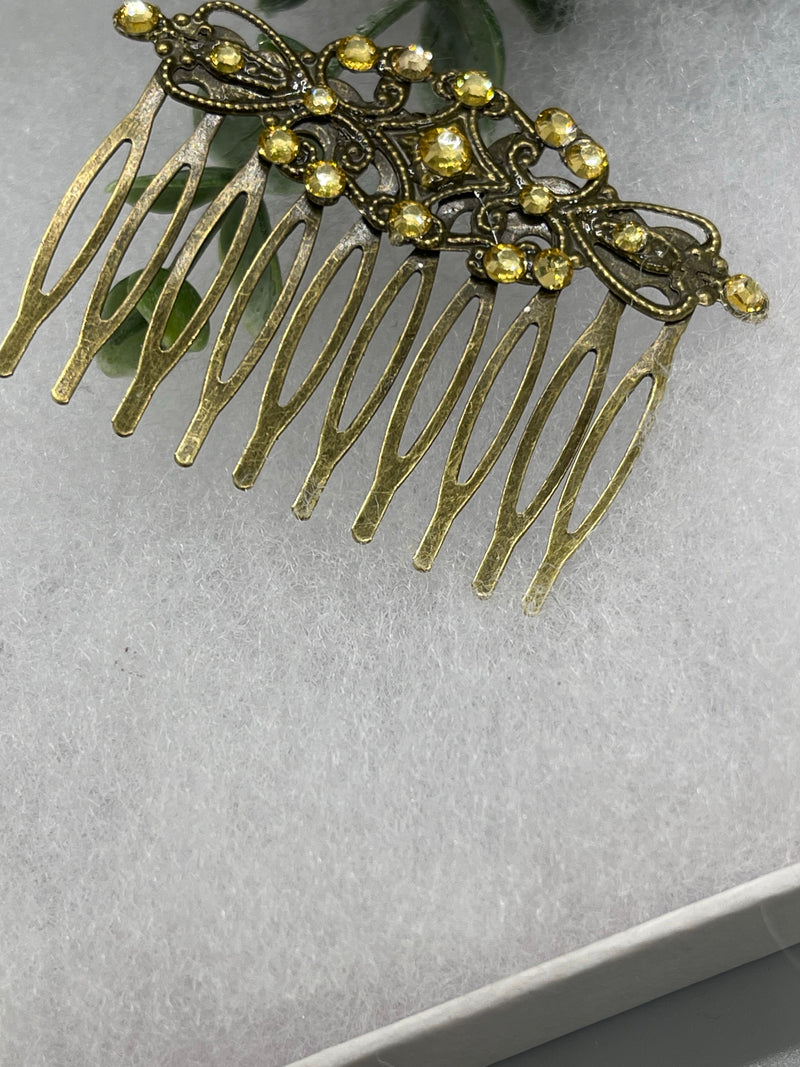 Yellow  crystal rhinestone 2.5”side comb Antique vintage style bridal Wedding shower sweet 16 birthday princess bridesmaid hair accessory