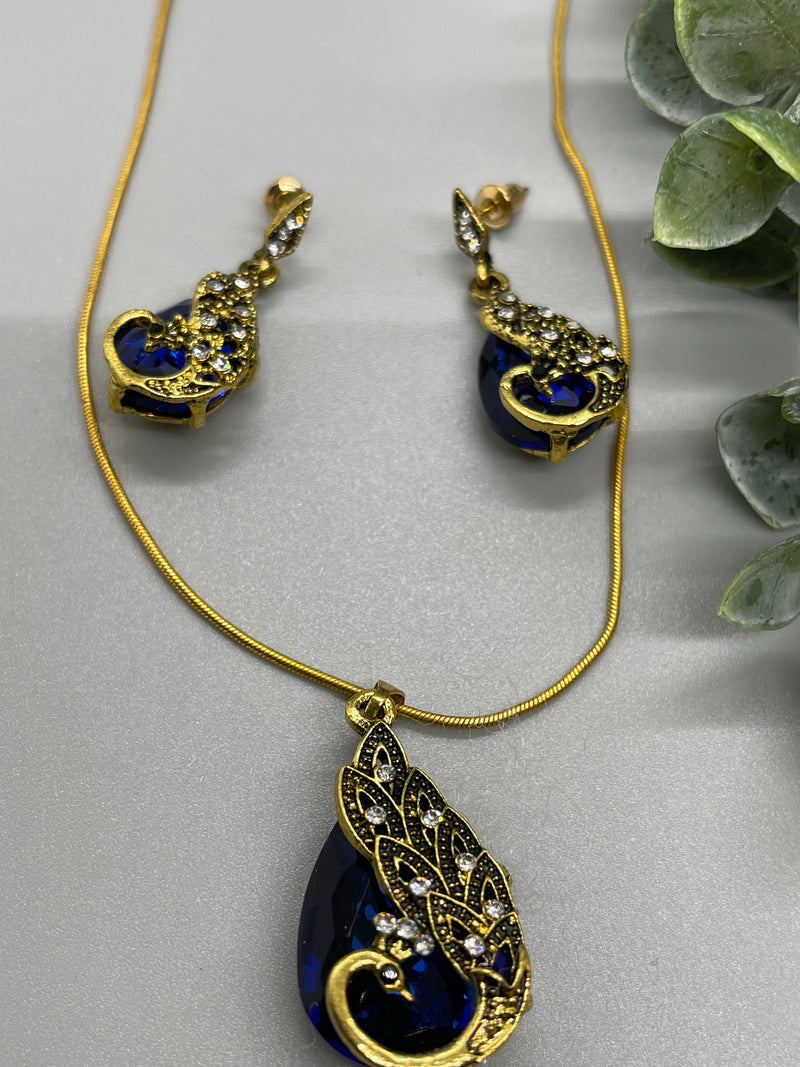 Royal blue Crystal peacock necklace earrings set