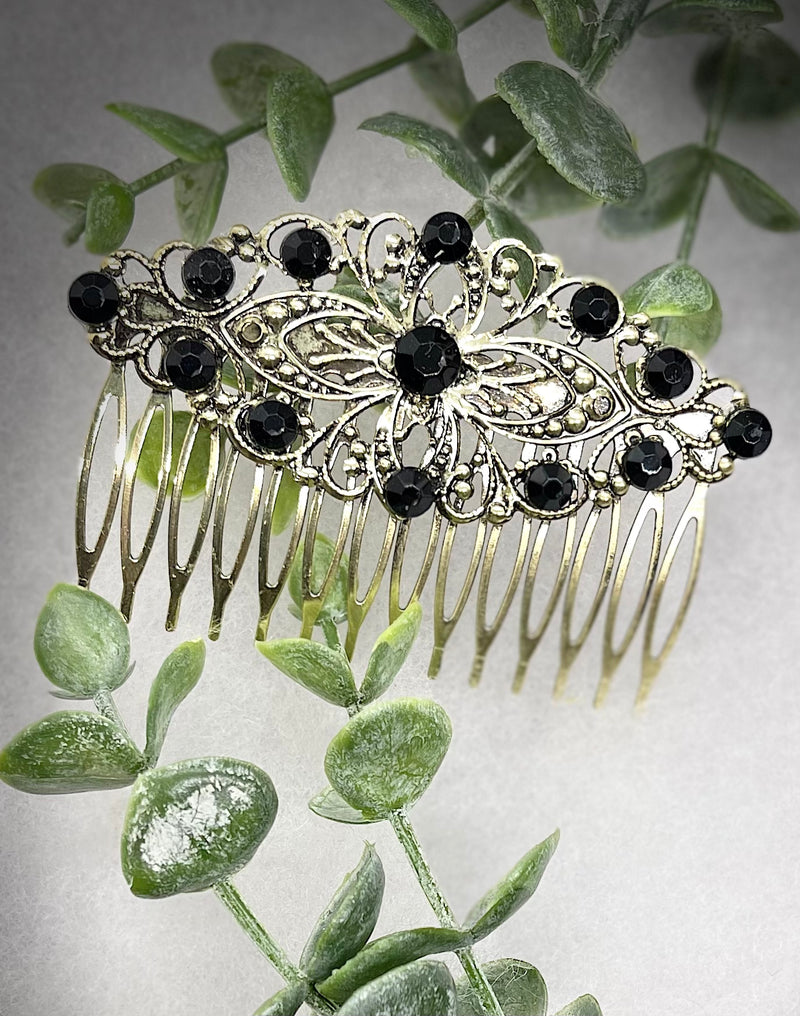 Black iridescent pearl Vintage Style Crystal Rhinestone 3.5” antique tone Metal side Comb bridal accessories