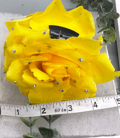 Yellow Rose flower crystal rhinestone embellished Claw Jaw clip approximately Large 5.0”W 4.0”L formal hair accessory wedding bridal