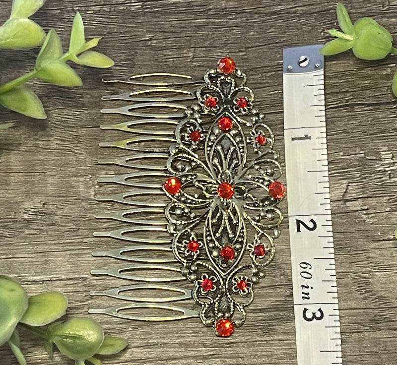 Ruby Red crystal rhinestone Comb on 3.5” antique Metal Hair Comb accessory Handmade Retro Bridal Prom