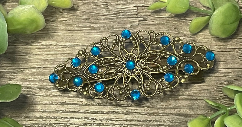 Sapphire teal crystal barrette Vintage Style 3.5”antique tone Metal bridal wedding shower birthday princess prom