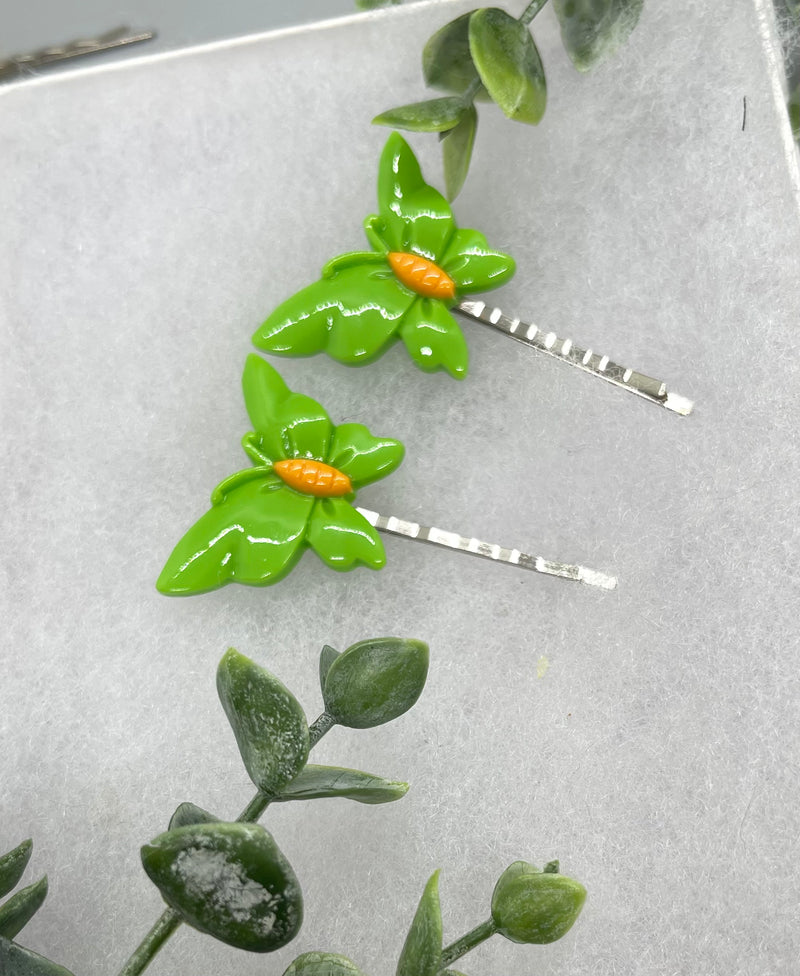 2 pc lime green yellow Butterfly hair pins approximately 2.0”silver tone formal hair accessory gift wedding bridal Hair accessory