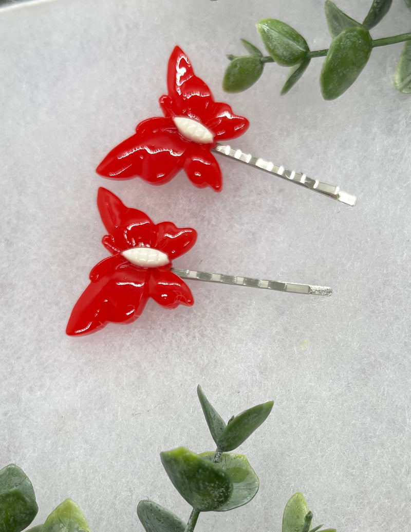 2 pc Red Butterfly hair pins approximately 2.0”silver tone formal hair accessory gift wedding bridal Hair accessory