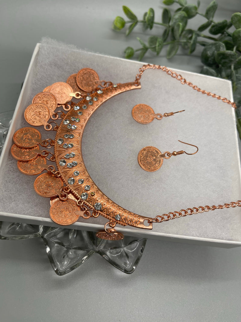 Rose gold coins necklace earrings set with rhinestone crystal adjustable chain gift sets accessory formal everyday accessories