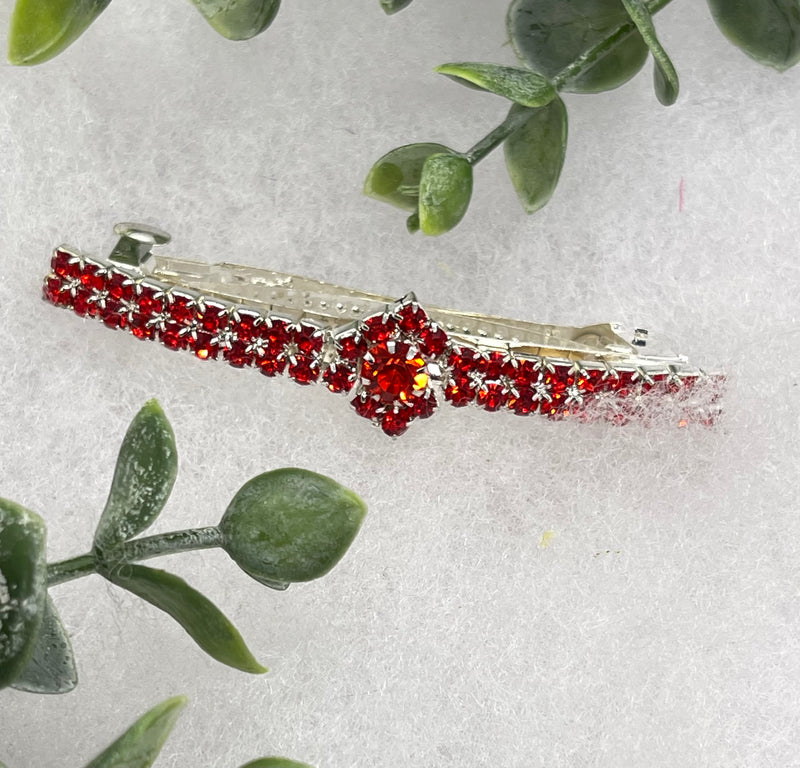 Red Crystal Rhinestone  barrette approximately 3.0” silver tone formal hair accessory gift wedding bridal Hair accessory