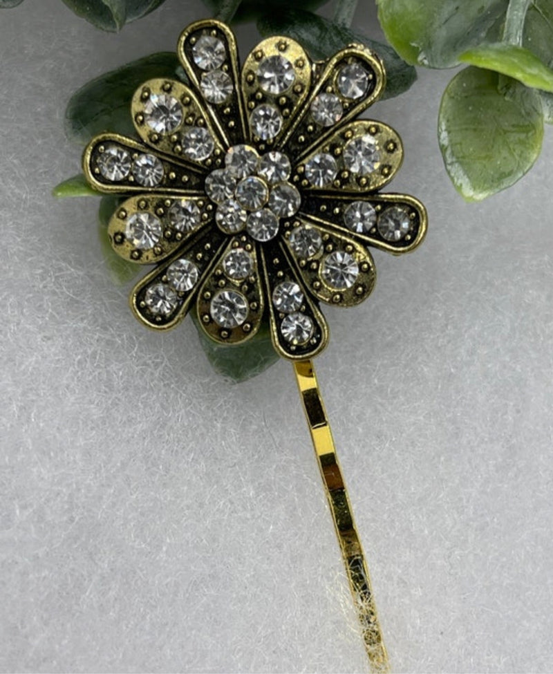 Gold crystal vintage antique style hair pin approximately 2.5” long Handmade hair accessory bridal wedding Retro