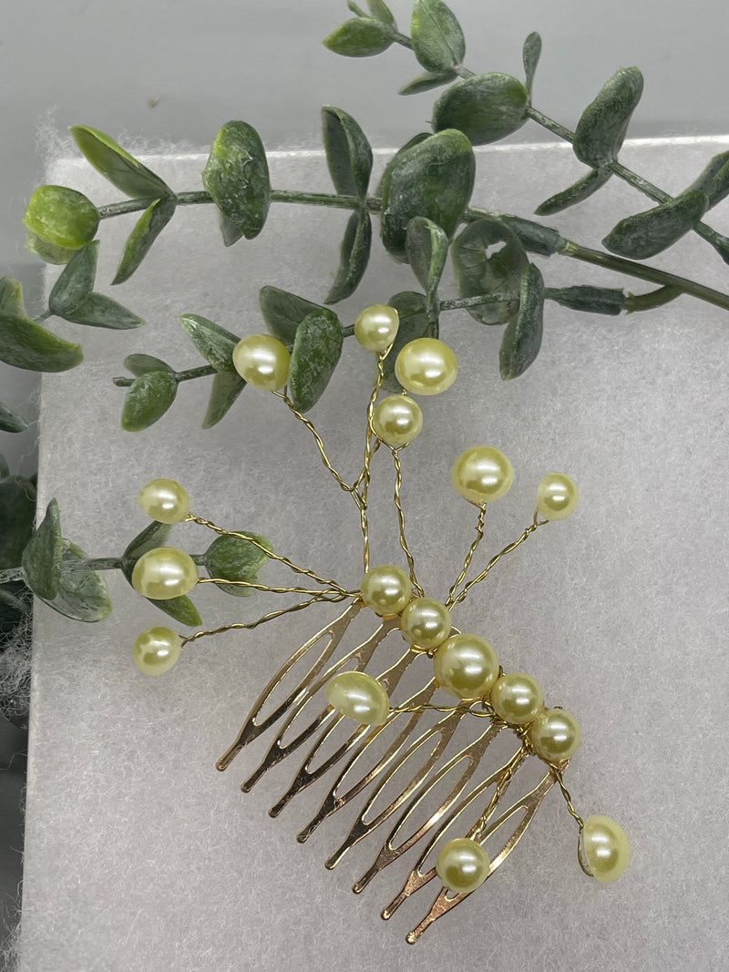 Yellow faux Pearl 2.0” gold tone bridal side Comb accents vine handmade by hairdazzzel wedding accessory bride