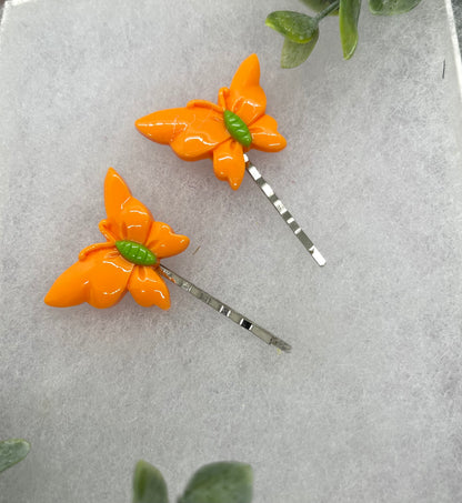 2 pc orange Butterfly hair pins approximately 2.0”silver tone formal hair accessory gift wedding bridal Hair accessory #011
