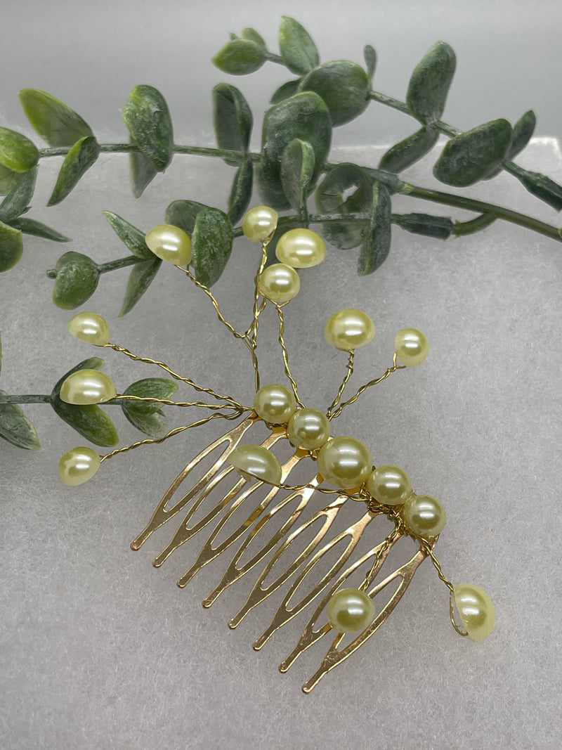 Yellow faux Pearl 2.0” gold tone bridal side Comb accents vine handmade by hairdazzzel wedding accessory bride