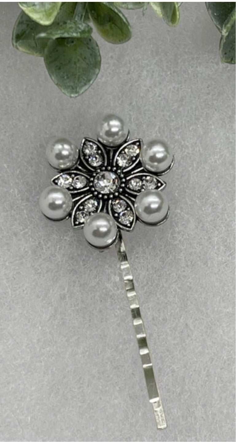 Pearl Crystal vintage antique style hair pin approximately 2.5” long Handmade hair accessory bridal wedding Retro