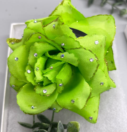 lime Green  Rose flower crystal rhinestone embellished Claw Jaw clip approximately Large 5.0”W 4.0”L formal hair accessory wedding bridal engagemen