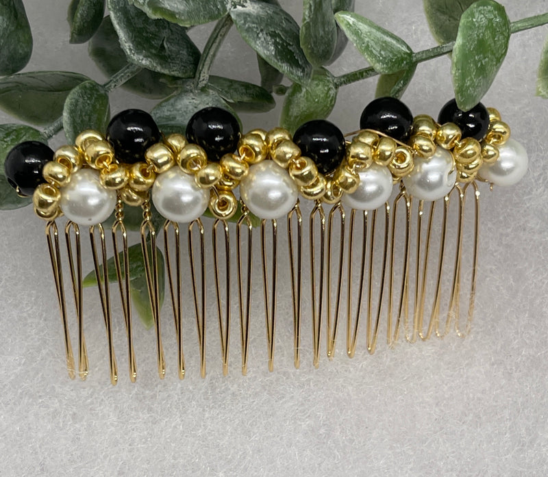 Black White  gold beaded side Comb 3.5” gold Metal hair Accessories bridesmaid birthday princess wedding gift handmade accessories