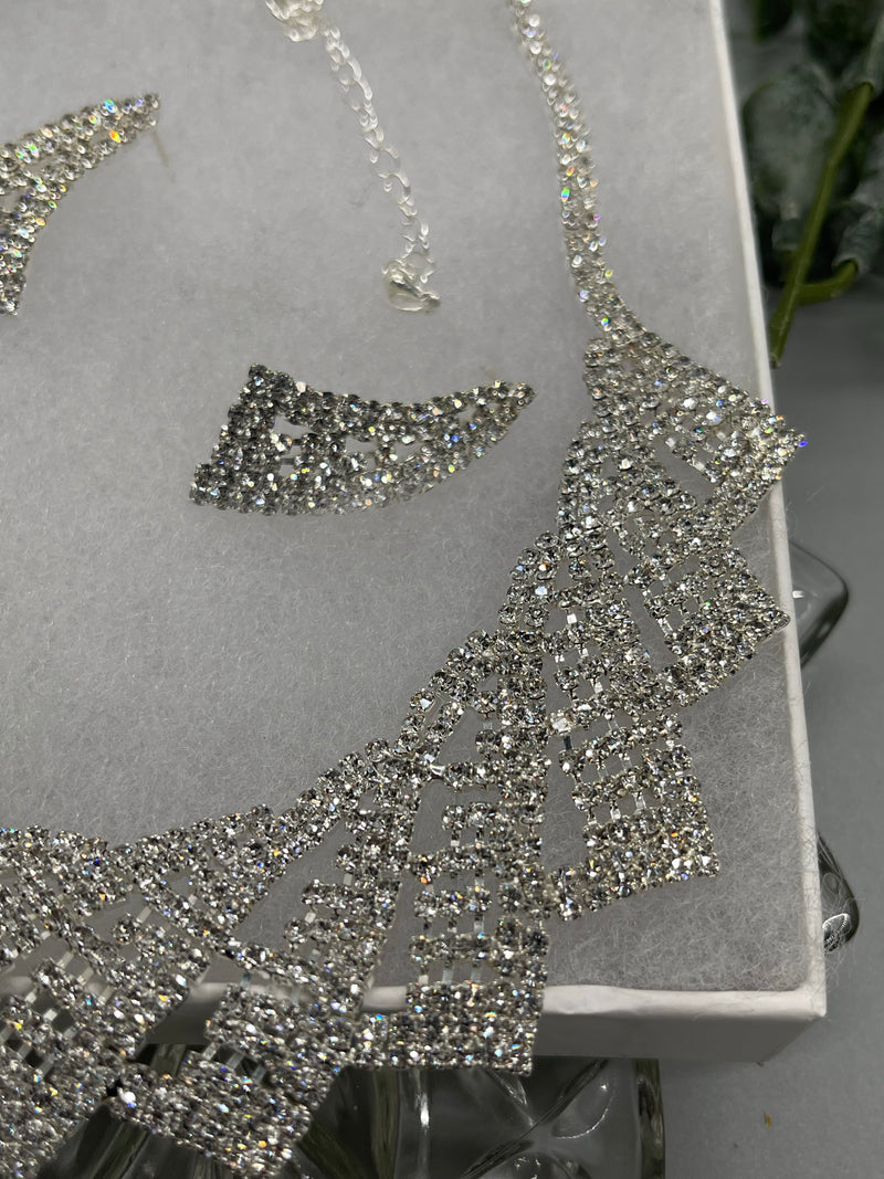 Elegant crystal rhinestone silver necklace Rhinestone Jewelry Sets earring necklace wedding engagement Length:Approx 17.5 “