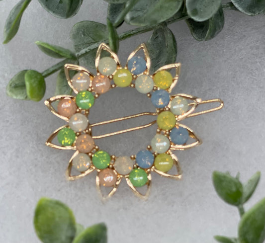 Rainbow crystal rhinestone sunflower approximately 2.5” barrette Gold vintage style bridal Wedding shower