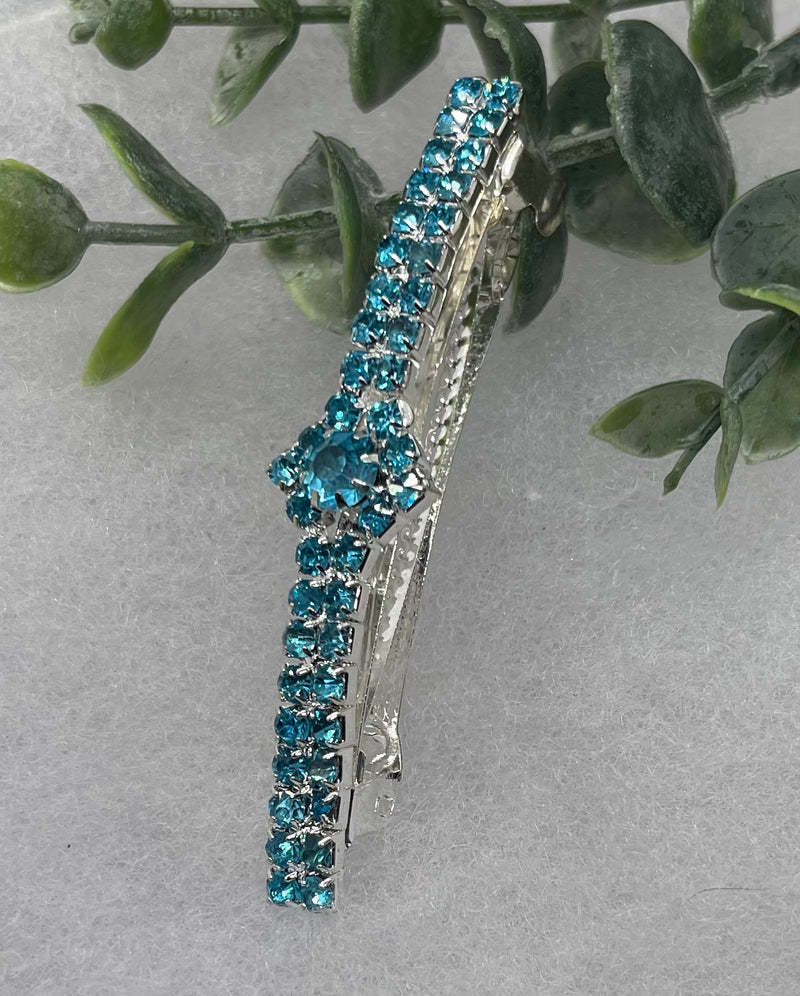 Teal Crystal Rhinestone Barrette approximately 3.0”Metal silver tone formal hair accessory gift wedding bridal shower accessories