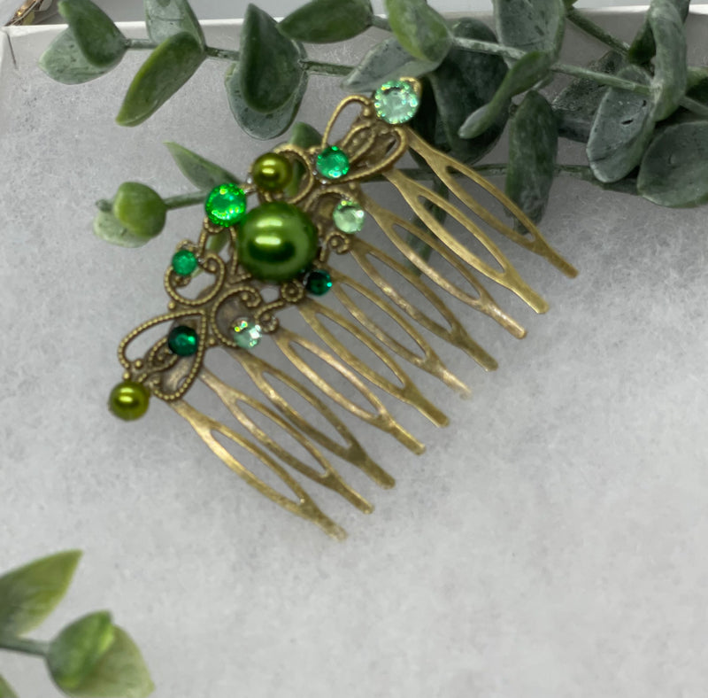 Green  crystal rhinestone pearl vintage style antique  hair accessories gift birthday event formal bridesmaid  2.5” Metal side Comb