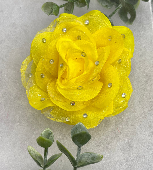 Yellow Rose flower crystal rhinestone embellished alligator clip approximately 3.0” formal hair accessory wedding