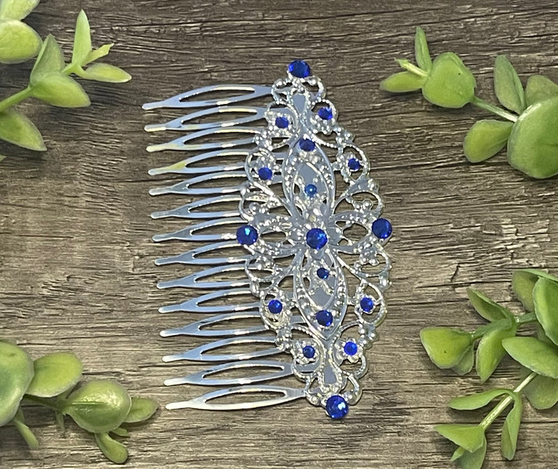 Sapphire blue crystal rhinestone Comb on 3.5” silver Metal Hair Comb accessory Handmade Retro Bridal Prom