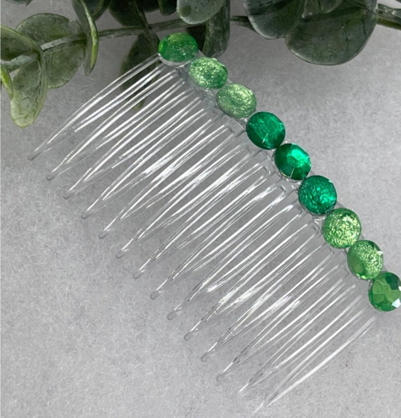 Green faux crystal side comb approximately 3.5” long plastic hair accessory bridal wedding Retro