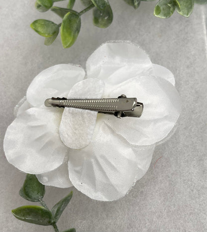 White Rose flower crystal rhinestone embellished alligator clip approximately 3.0” formal hair accessory wedding