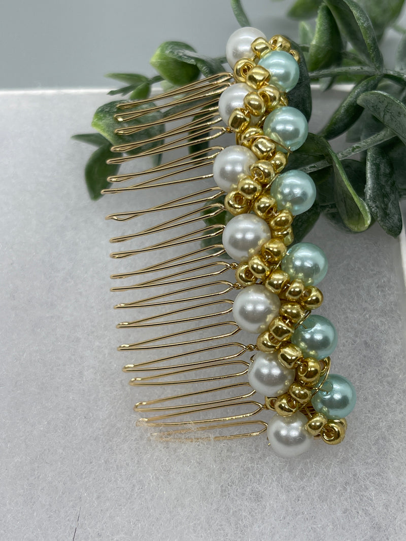 Light Teal  gold beaded side Comb 3.5” gold Metal hair Accessories bridesmaid birthday princess wedding gift handmade accessories