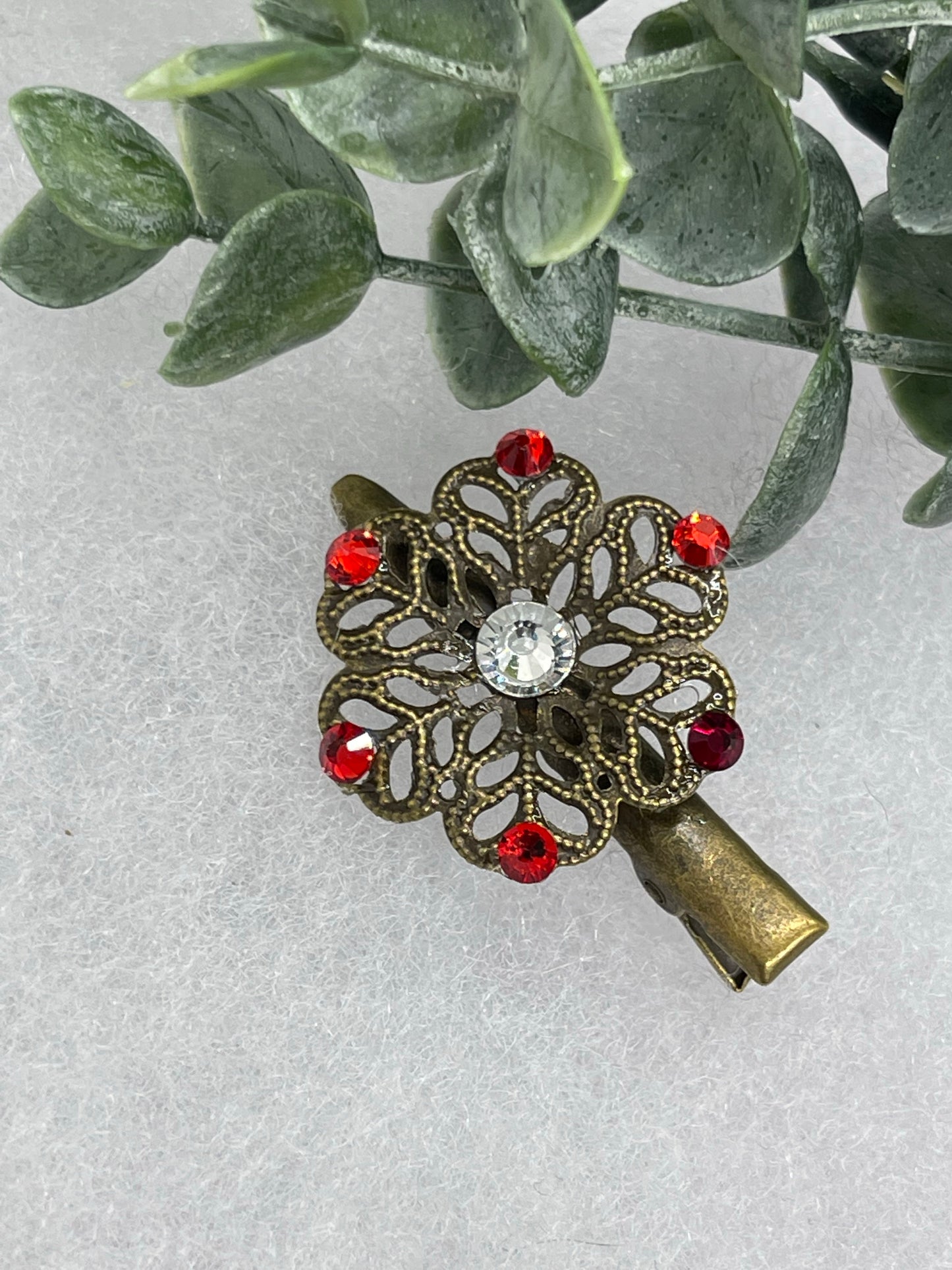 Red Crystal vintage antique style flower hair alligator clip approximately 2.0” long Handmade hair accessory bridal wedding Retro
