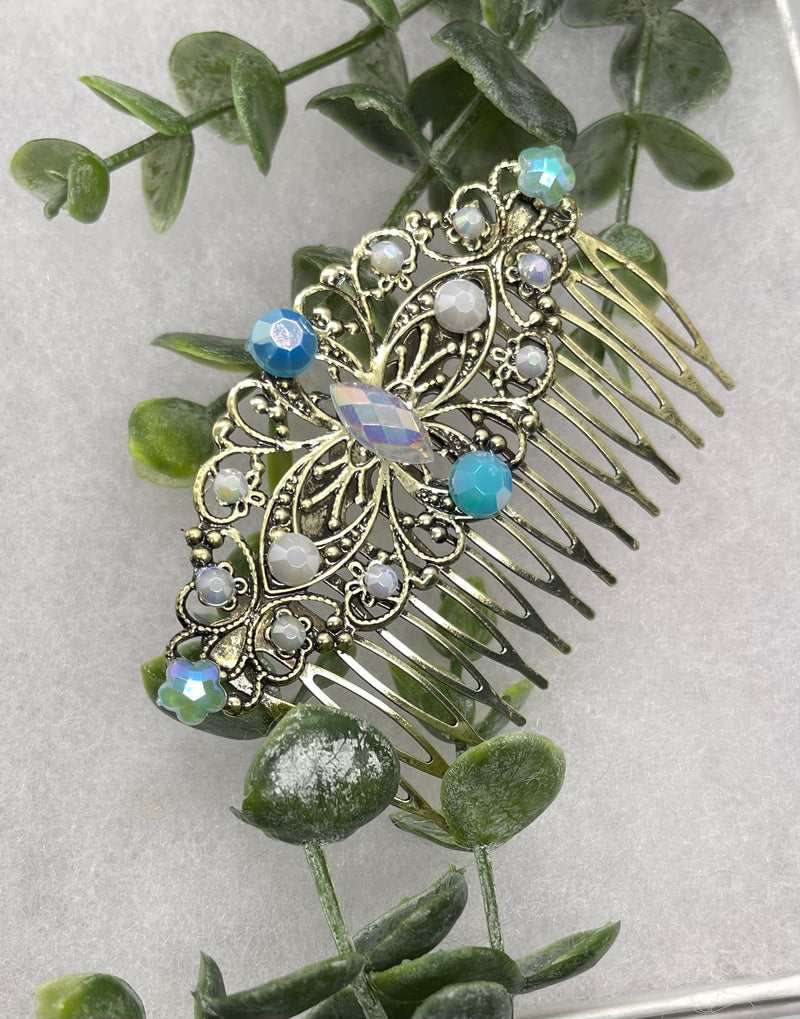 Baby blue iridescent pearl Vintage Style Crystal Rhinestone 3.5” antique tone Metal side Comb bridal accessories