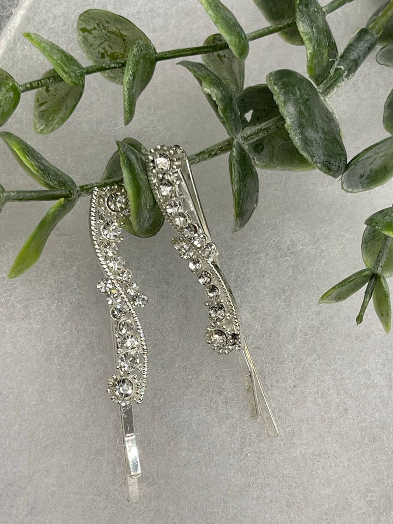 Clear crystal rhinestone approximately 2.0” silver tone hair pins 2 pc set wedding bridal shower engagement formal princess accessory accessories