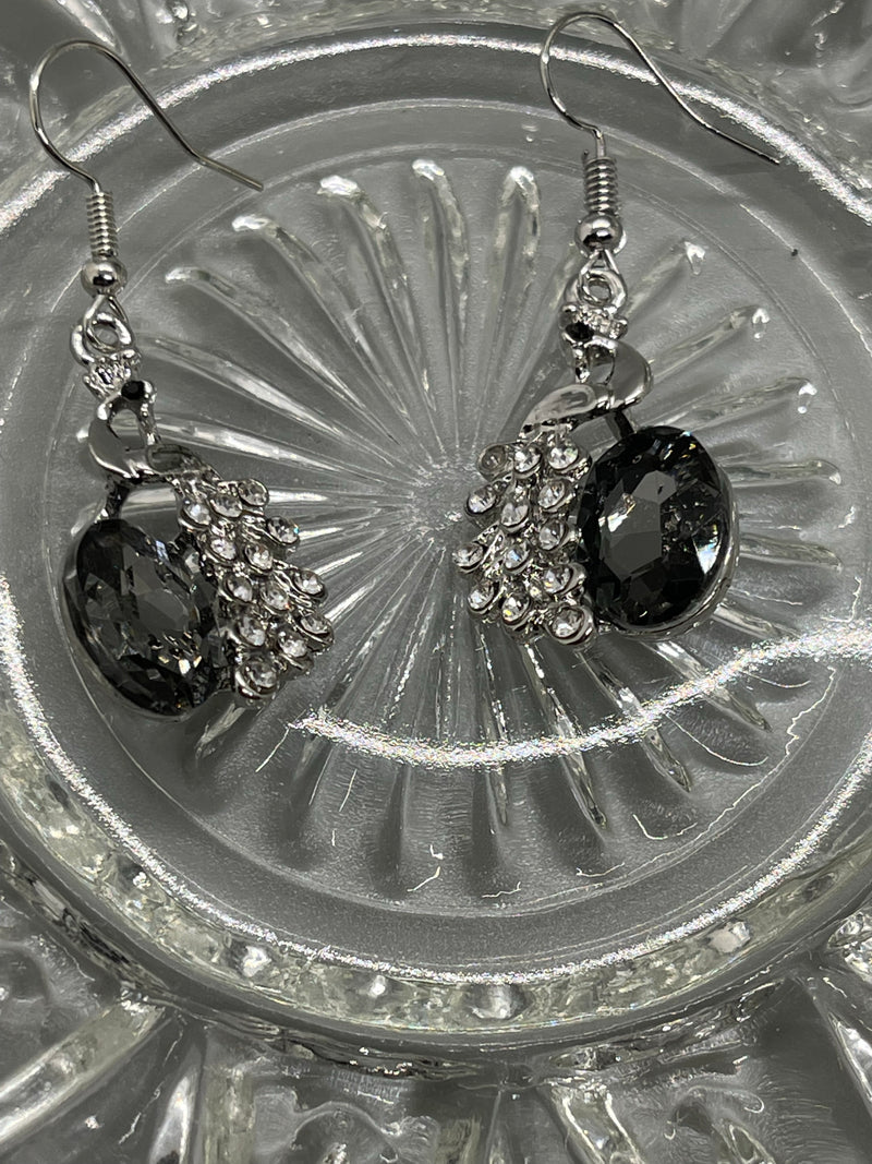 Black crystal rhinestone peacock silver necklace earrings set