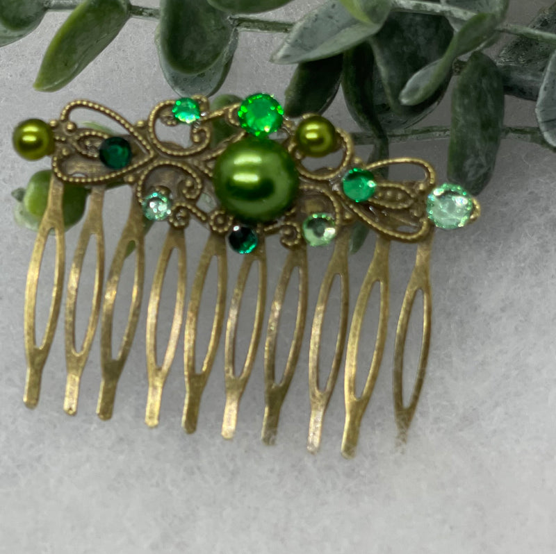 Green  crystal rhinestone pearl vintage style antique  hair accessories gift birthday event formal bridesmaid  2.5” Metal side Comb