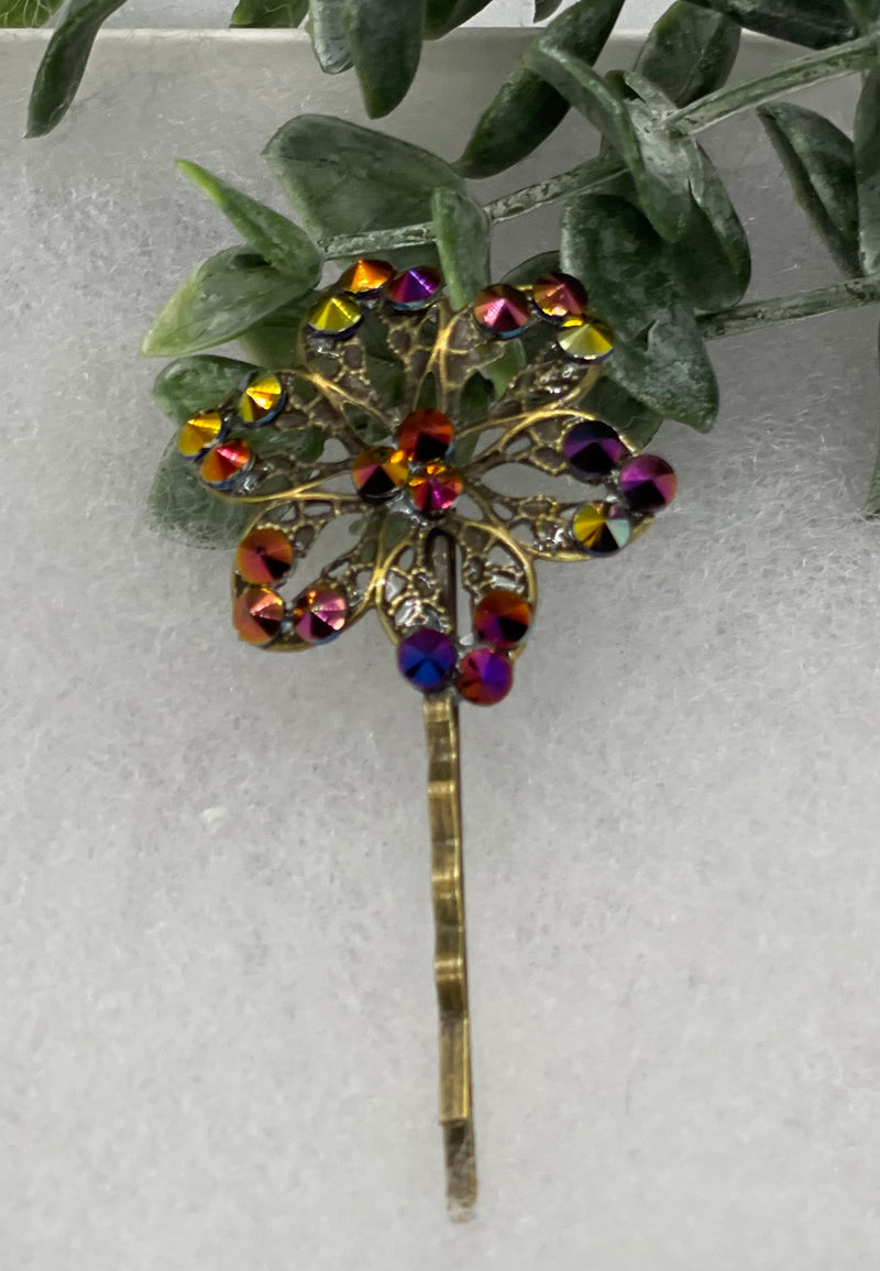 Bronze Rainbow crystal Antique vintage Style approximately 3.0” flower hair pin wedding engagement bride princess formal hair accessories