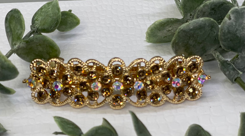 Golden Crystal rhinestone barrette approximately 3.0” gold tone formal hair accessories gift wedding bridesmaid