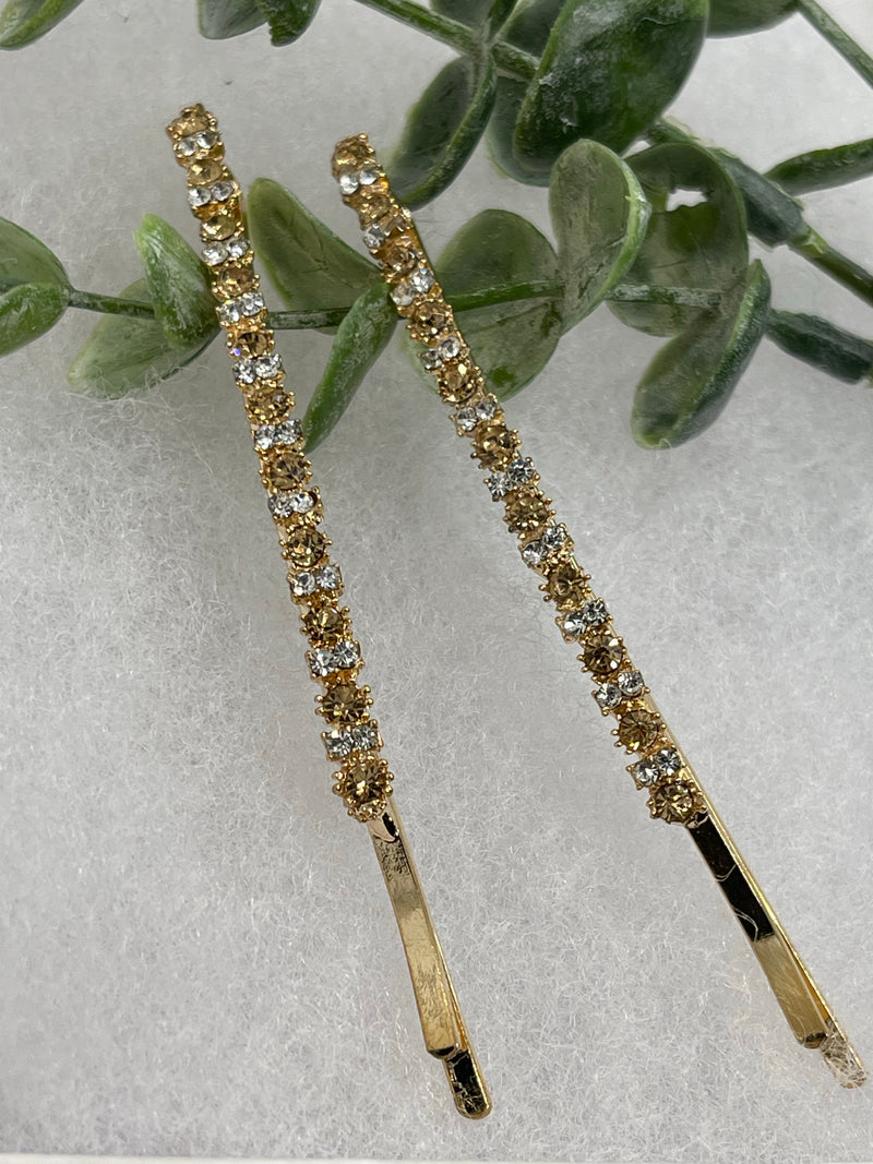 Gold crystal rhinestone approximately 3.5” large gold tone hair pins 2 pc set wedding bridal shower engagement formal princess accessory accessories