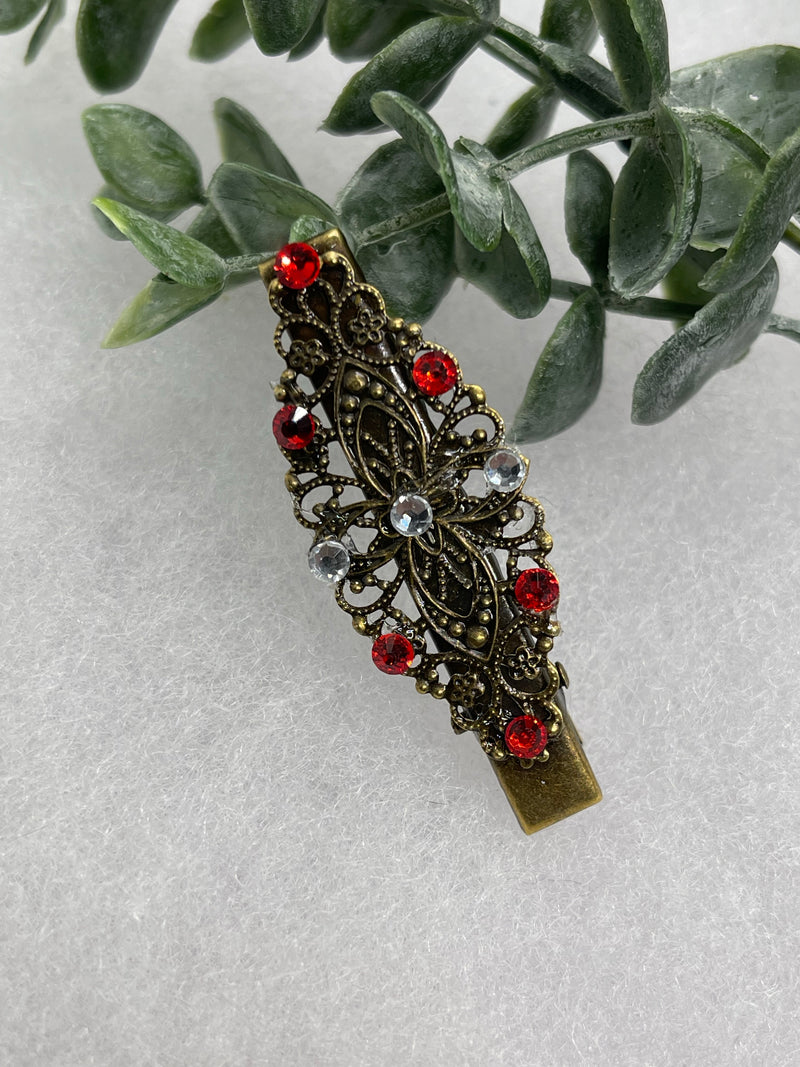 Red crystal rhinestone 2.5” alligator clip  Antique vintage style bridal Wedding shower sweet 16 birthday princess bridesmaid hair accessory
