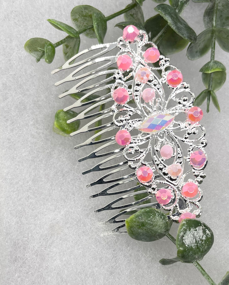 Pink iridescent pearl Vintage Style Crystal Rhinestone 3.5” antique tone Metal side Comb bridal accessories