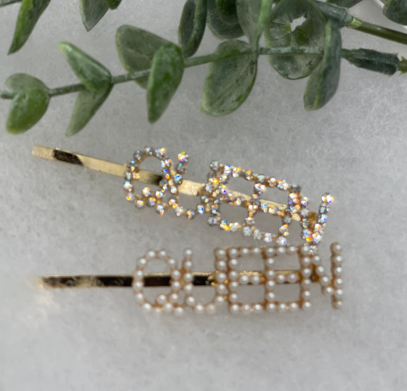 Gold Crystal Pearl Rhinestone 2 pc set hair pins approximately 3.0” QUEEN letter formal princess accessory accessories birthday gift