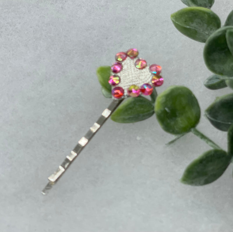 Pink iridescent heart crystal rhinestone silver 2.5” hair pin hair accessories gift birthday